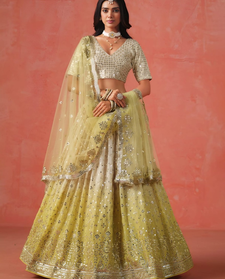 LIGHTGREEN - Beautiful Gradient From Soft Yellow To Beige Zari Sequins Embroidered Indian Wedding Lehenga