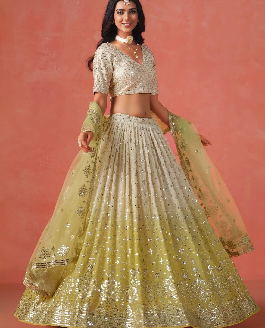 LIGHTGREEN - Beautiful Gradient From Soft Yellow To Beige Zari Sequins Embroidered Indian Wedding Lehenga