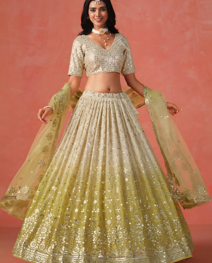 LIGHTGREEN - Beautiful Gradient From Soft Yellow To Beige Zari Sequins Embroidered Indian Wedding Lehenga