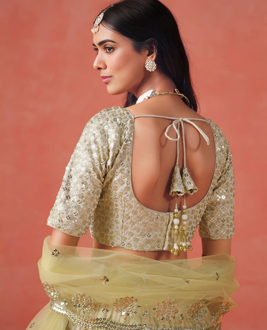 LIGHTGREEN - Beautiful Gradient From Soft Yellow To Beige Zari Sequins Embroidered Indian Wedding Lehenga