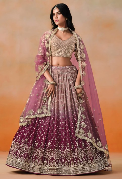 Maroon Sequins Zari Embroidered Work Georgette Lehenga