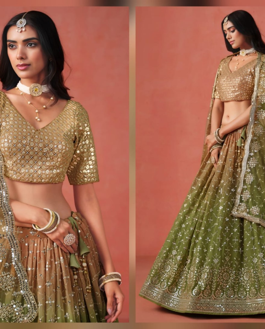 GREEN - Mehndi Sequins Zari Embroidered Work Georgette Lehenga