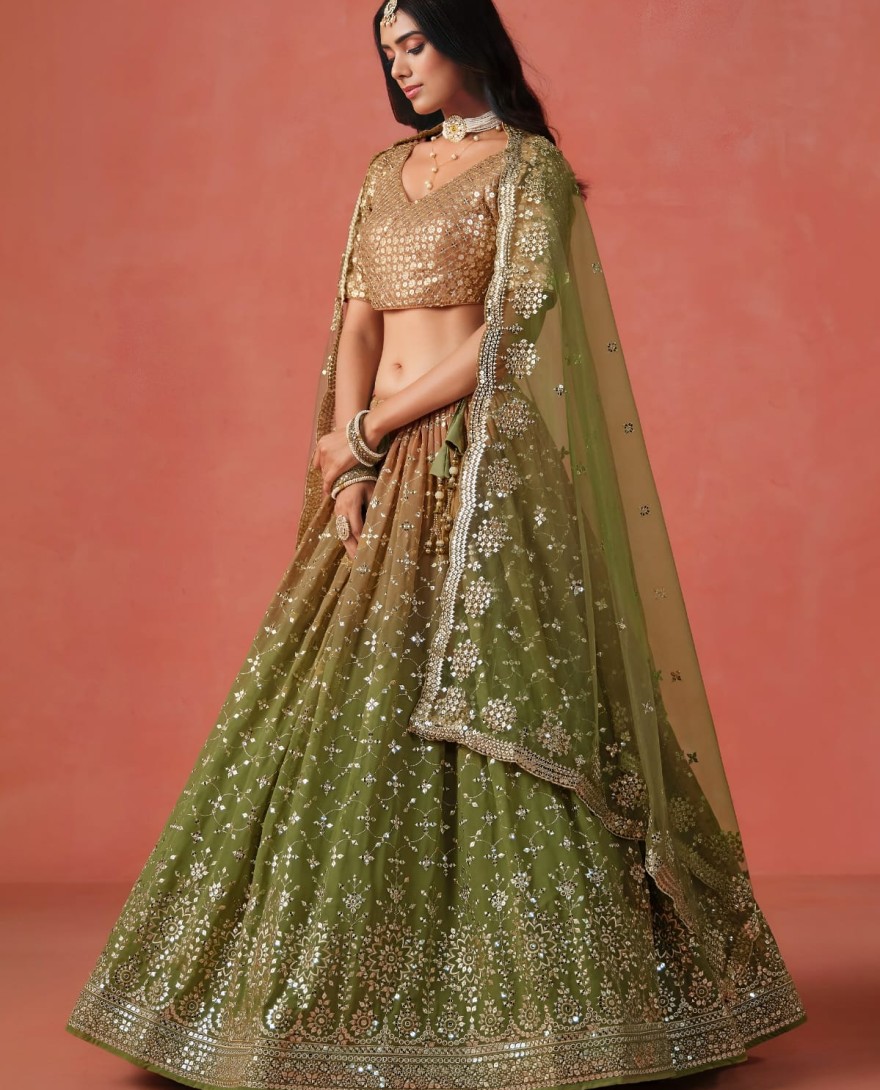 GREEN - Mehndi Sequins Zari Embroidered Work Georgette Lehenga