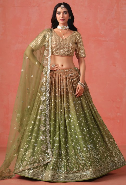 Mehndi Sequins Zari Embroidered Work Georgette Lehenga