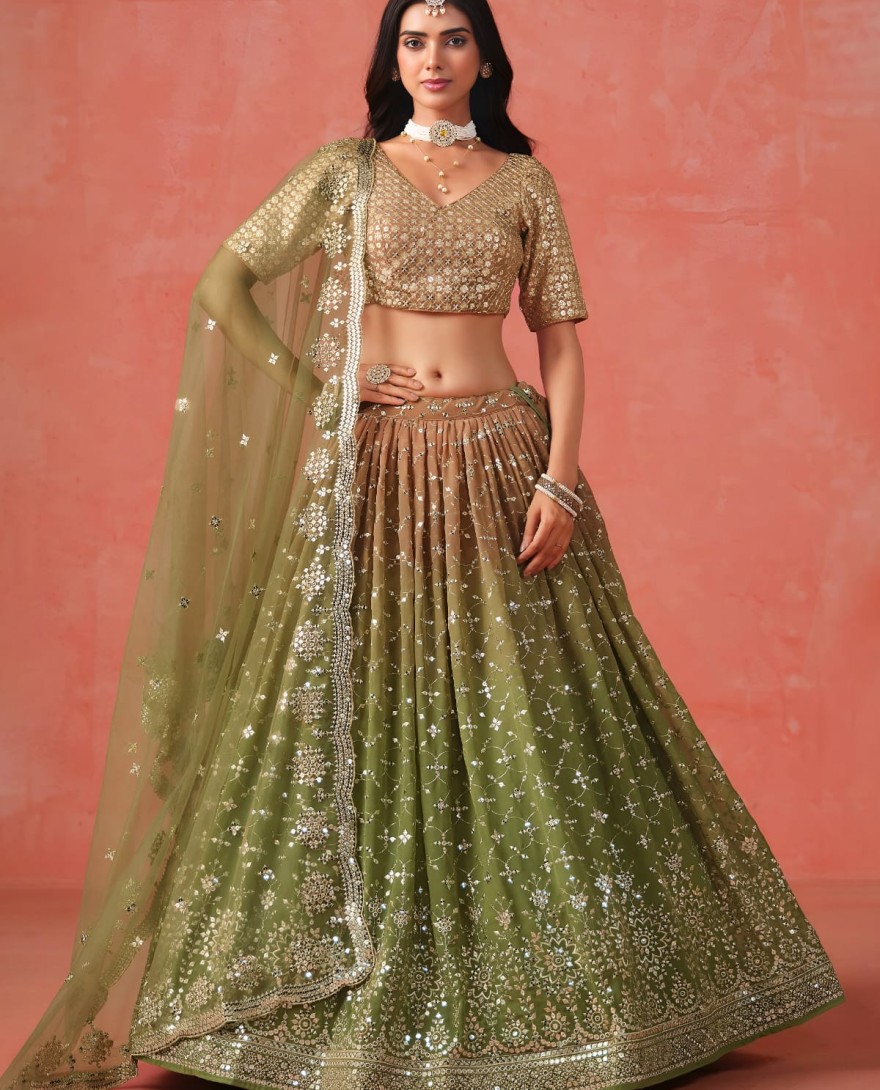 GREEN - Mehndi Sequins Zari Embroidered Work Georgette Lehenga