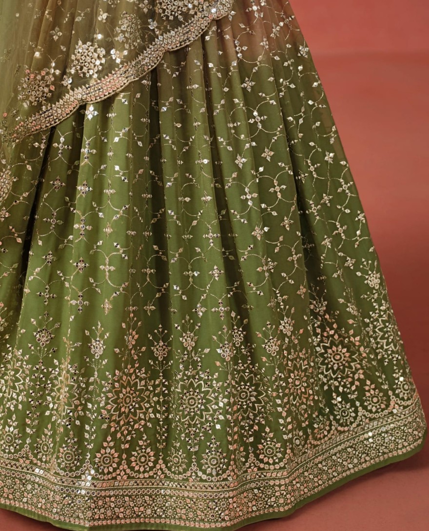 GREEN - Mehndi Sequins Zari Embroidered Work Georgette Lehenga