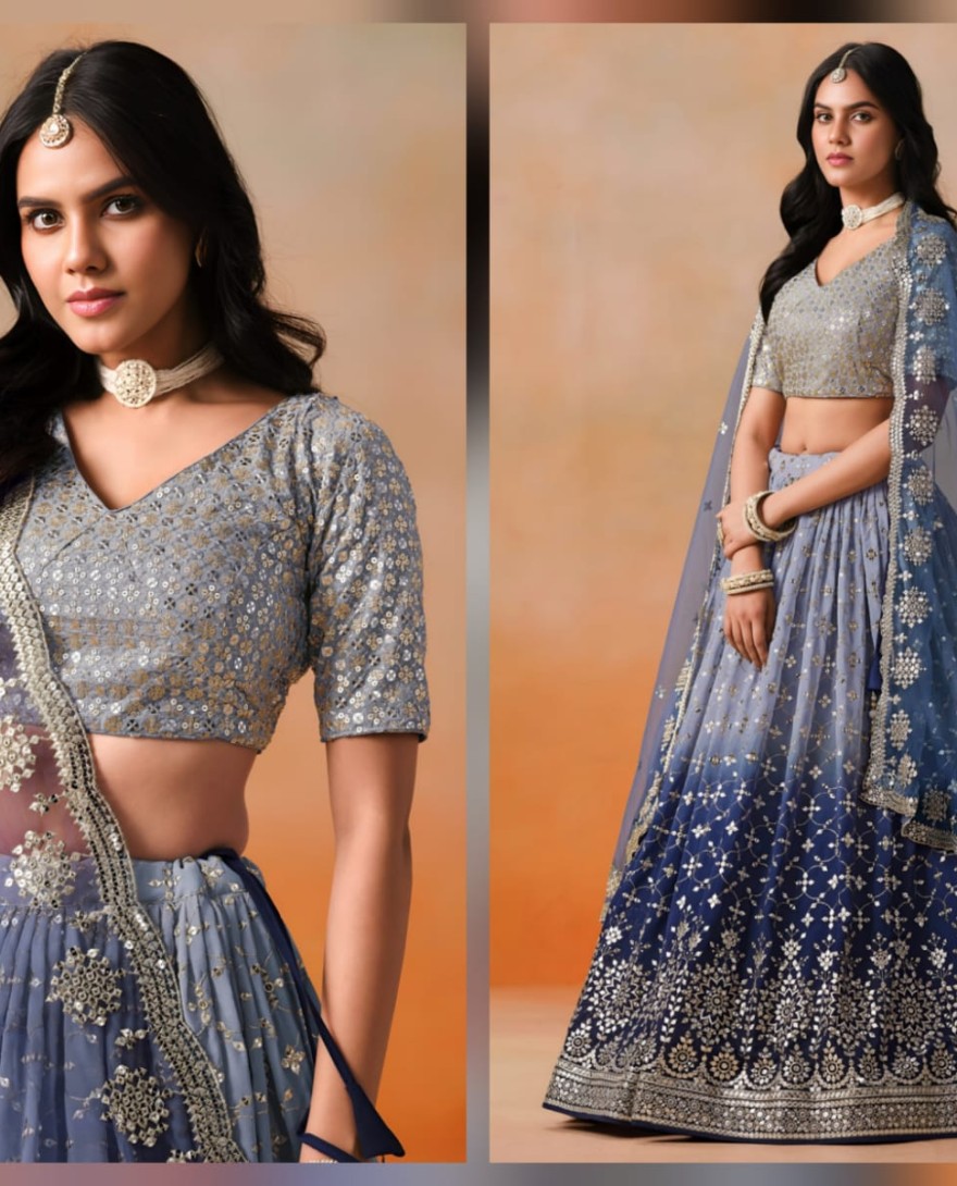 NAVYBLUE - Navy Blue Sequins Zari Embroidered Work Georgette Lehenga