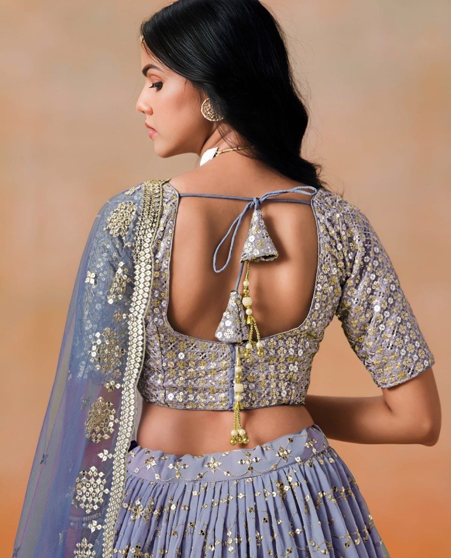 NAVYBLUE - Navy Blue Sequins Zari Embroidered Work Georgette Lehenga