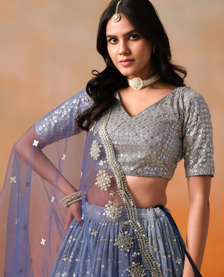 NAVYBLUE - Navy Blue Sequins Zari Embroidered Work Georgette Lehenga
