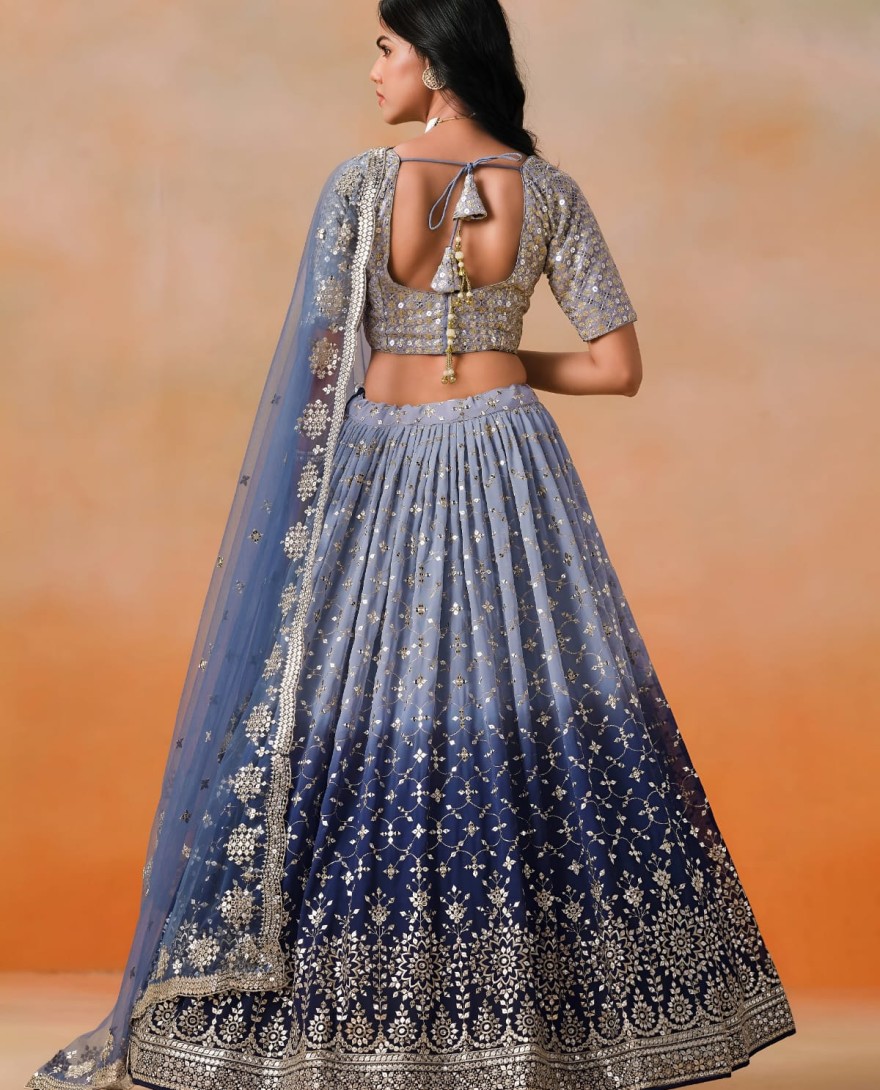 NAVYBLUE - Navy Blue Sequins Zari Embroidered Work Georgette Lehenga