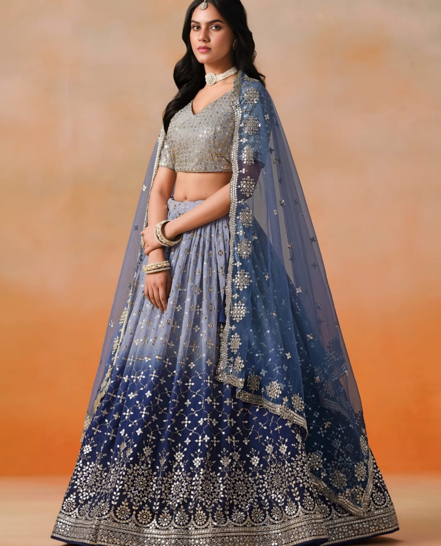 NAVYBLUE - Navy Blue Sequins Zari Embroidered Work Georgette Lehenga