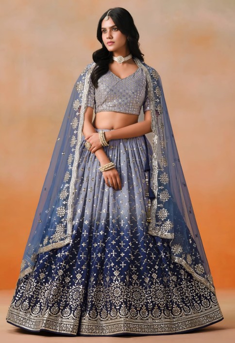 Navy Blue Sequins Zari Embroidered Work Georgette Lehenga