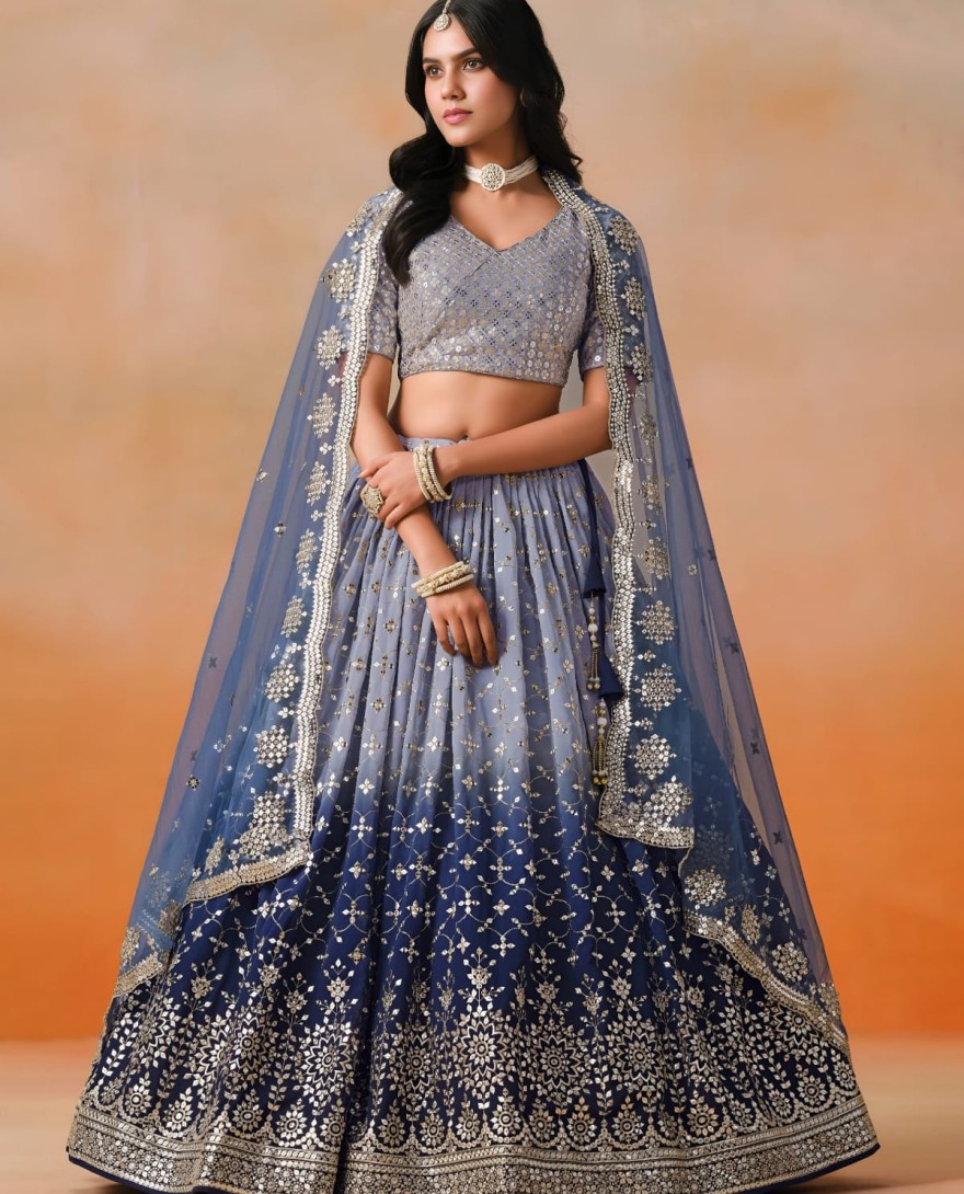 NAVYBLUE - Navy Blue Sequins Zari Embroidered Work Georgette Lehenga