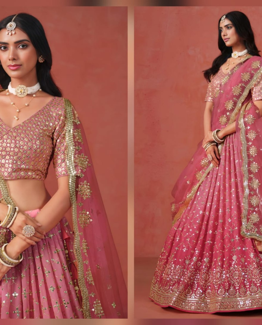 PEACH - Peach Sequins Zari Embroidered Work Georgette Lehenga