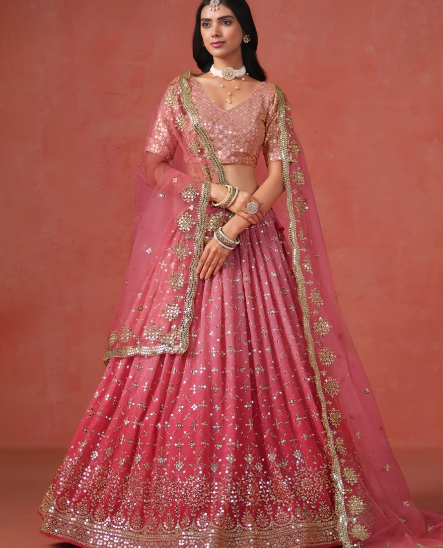 PEACH - Peach Sequins Zari Embroidered Work Georgette Lehenga
