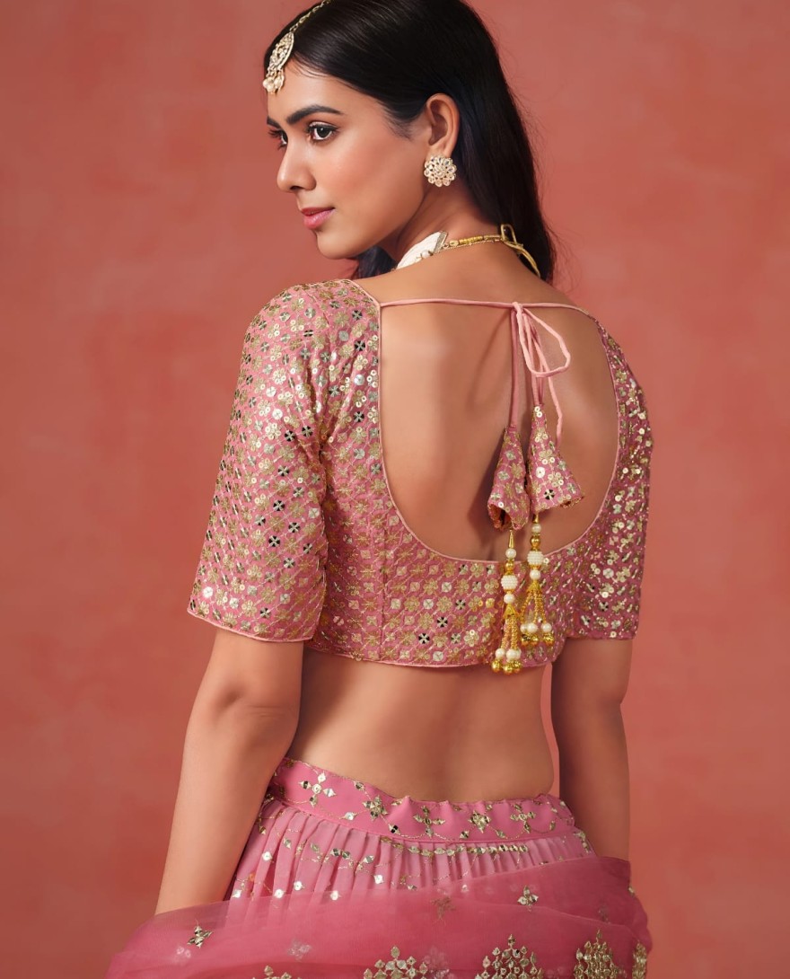 PEACH - Peach Sequins Zari Embroidered Work Georgette Lehenga