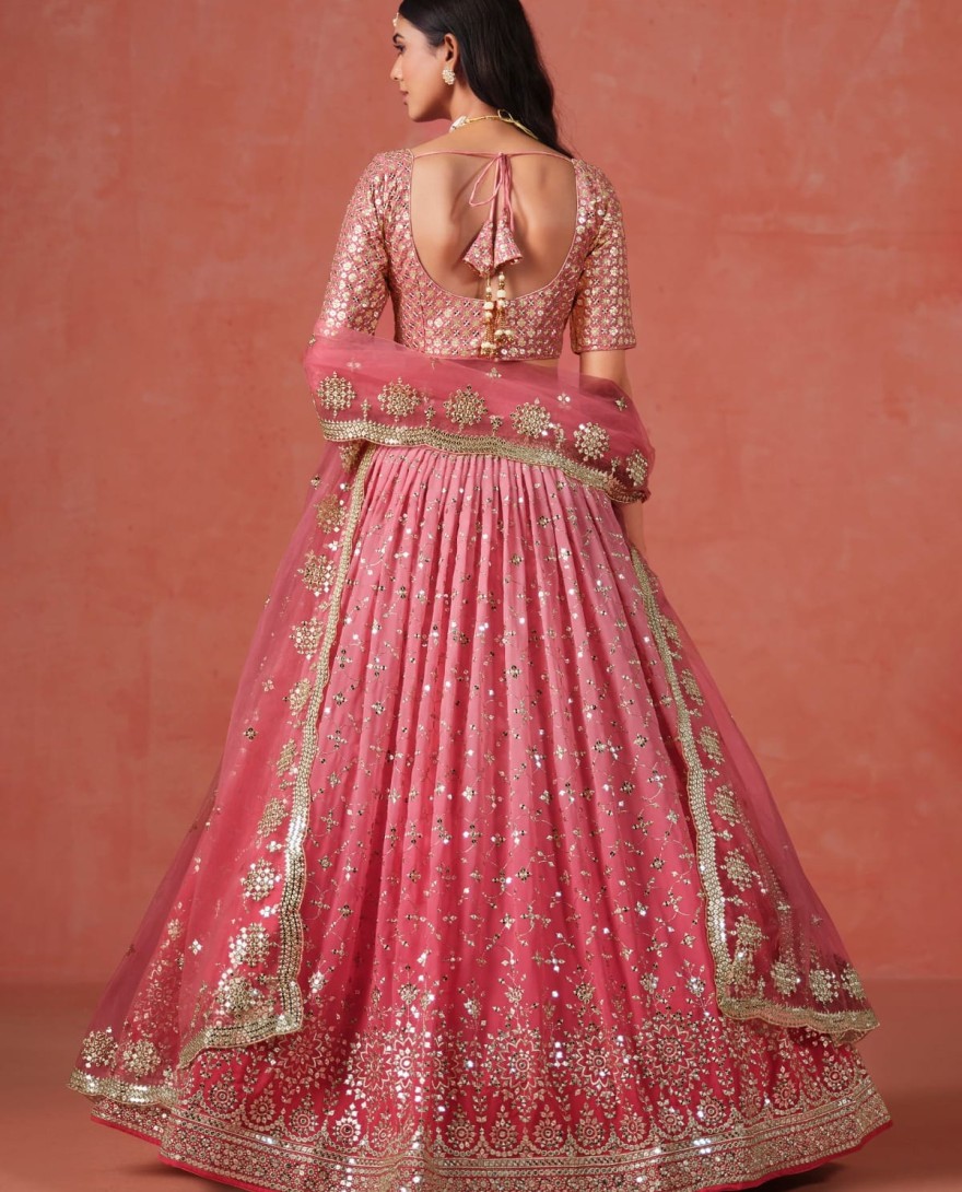 PEACH - Peach Sequins Zari Embroidered Work Georgette Lehenga