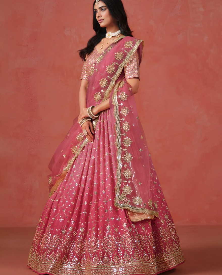 PEACH - Peach Sequins Zari Embroidered Work Georgette Lehenga