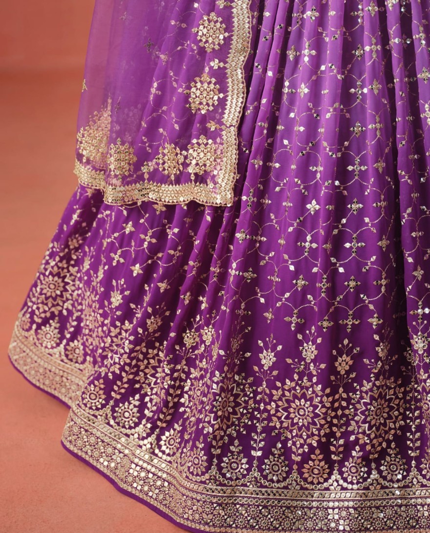 PURPLE - Purple Sequins Zari Embroidered Work Georgette Lehenga