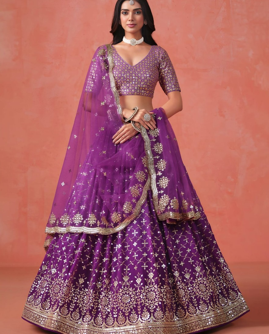 PURPLE - Purple Sequins Zari Embroidered Work Georgette Lehenga