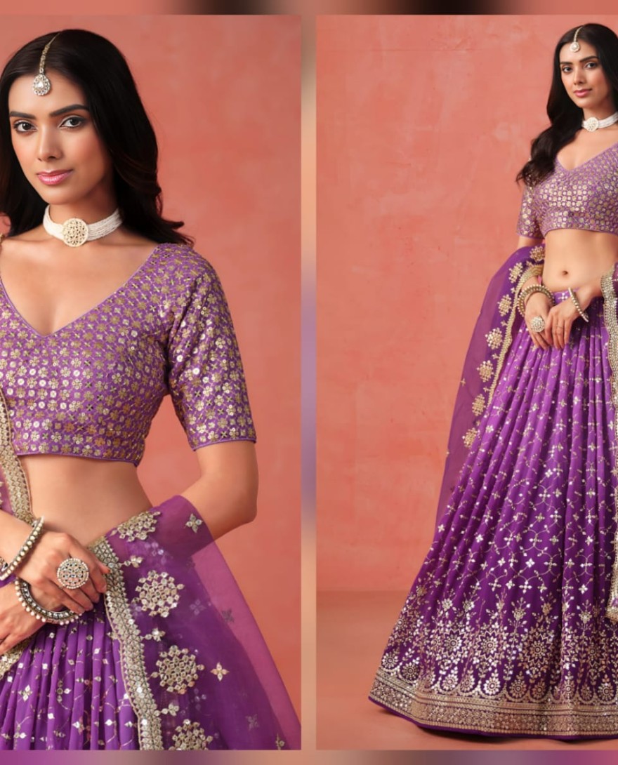 PURPLE - Purple Sequins Zari Embroidered Work Georgette Lehenga