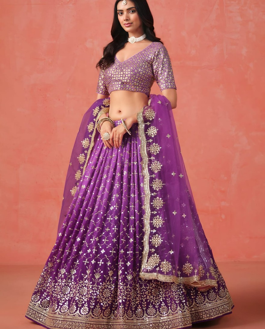 PURPLE - Purple Sequins Zari Embroidered Work Georgette Lehenga