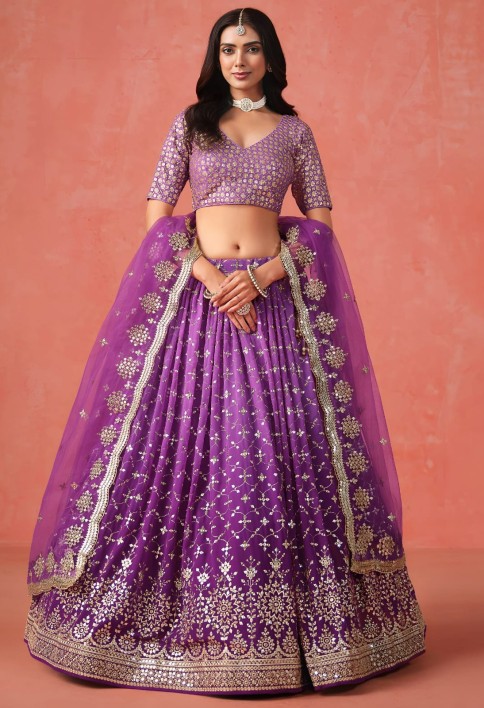 Purple Sequins Zari Embroidered Work Georgette Lehenga