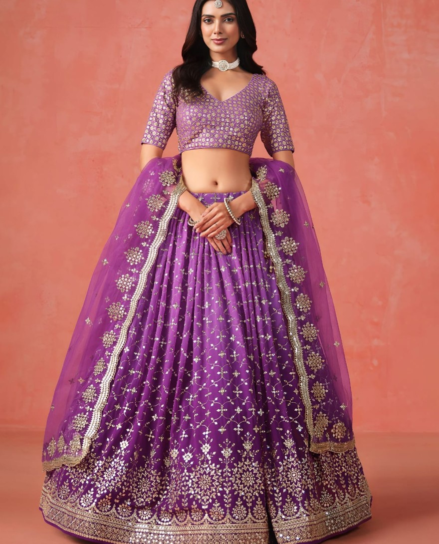 PURPLE - Purple Sequins Zari Embroidered Work Georgette Lehenga