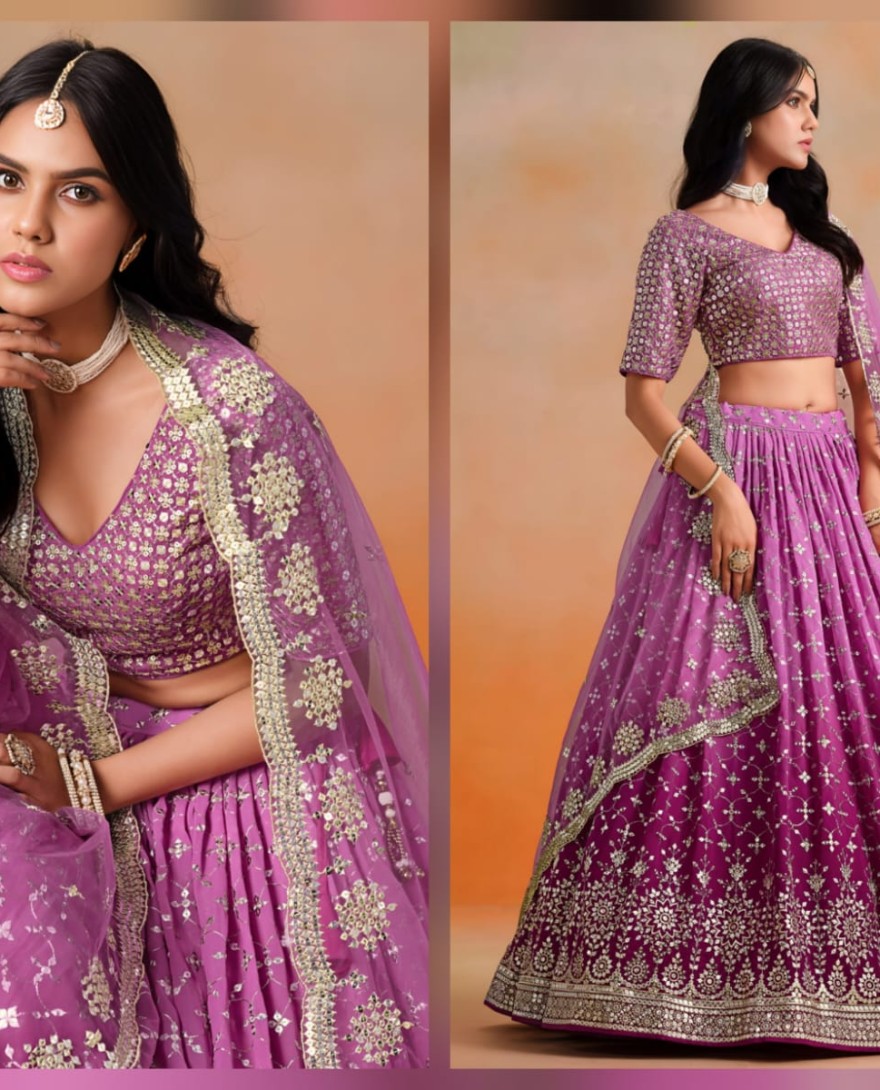 Rani Pink Sequins Zari Embroidered Work Georgette Lehenga
