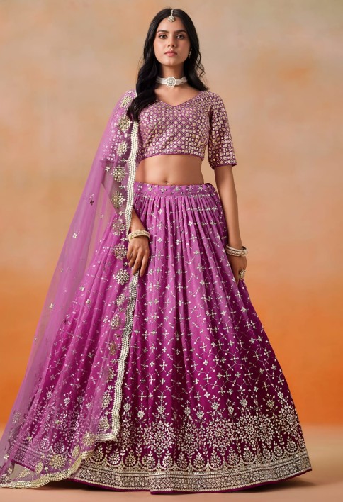 Rani Pink Sequins Zari Embroidered Work Georgette Lehenga