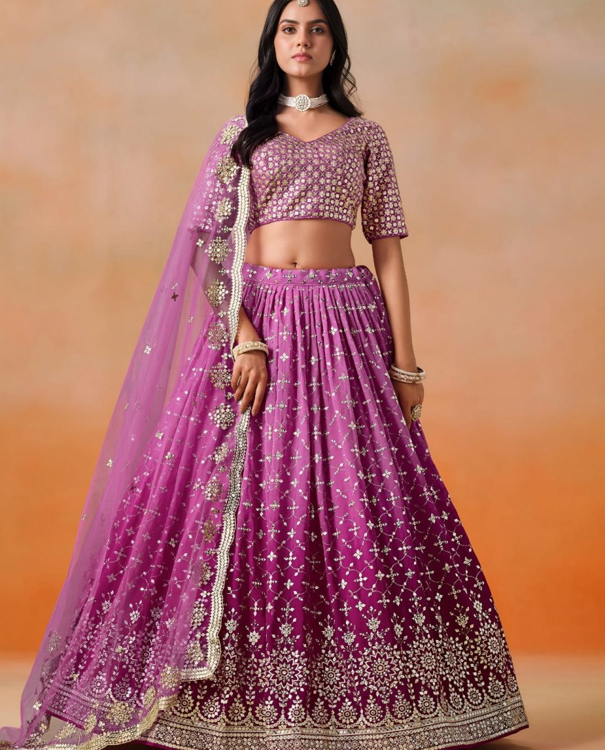 RANIPINK - Rani Pink Sequins Zari Embroidered Work Georgette Lehenga