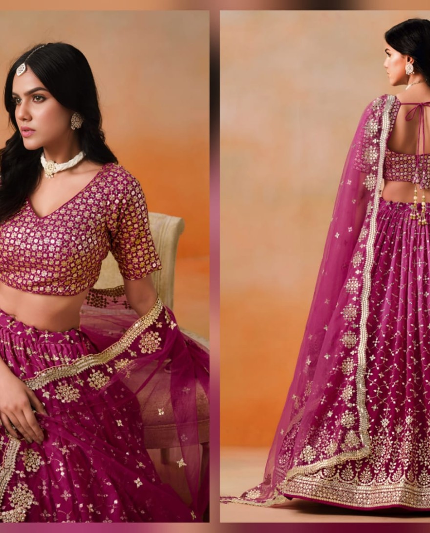 REDPINK - Red Pink Sequins Zari Embroidered Work Georgette Lehenga