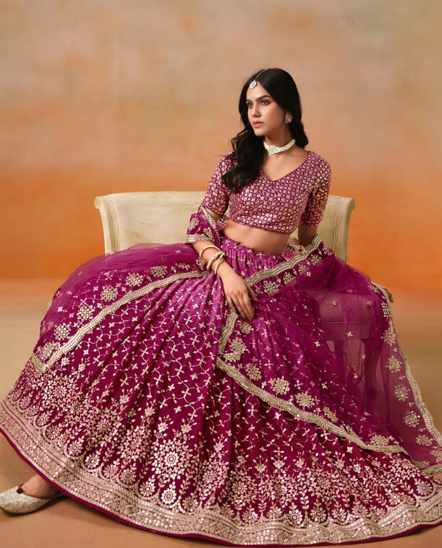 REDPINK - Red Pink Sequins Zari Embroidered Work Georgette Lehenga