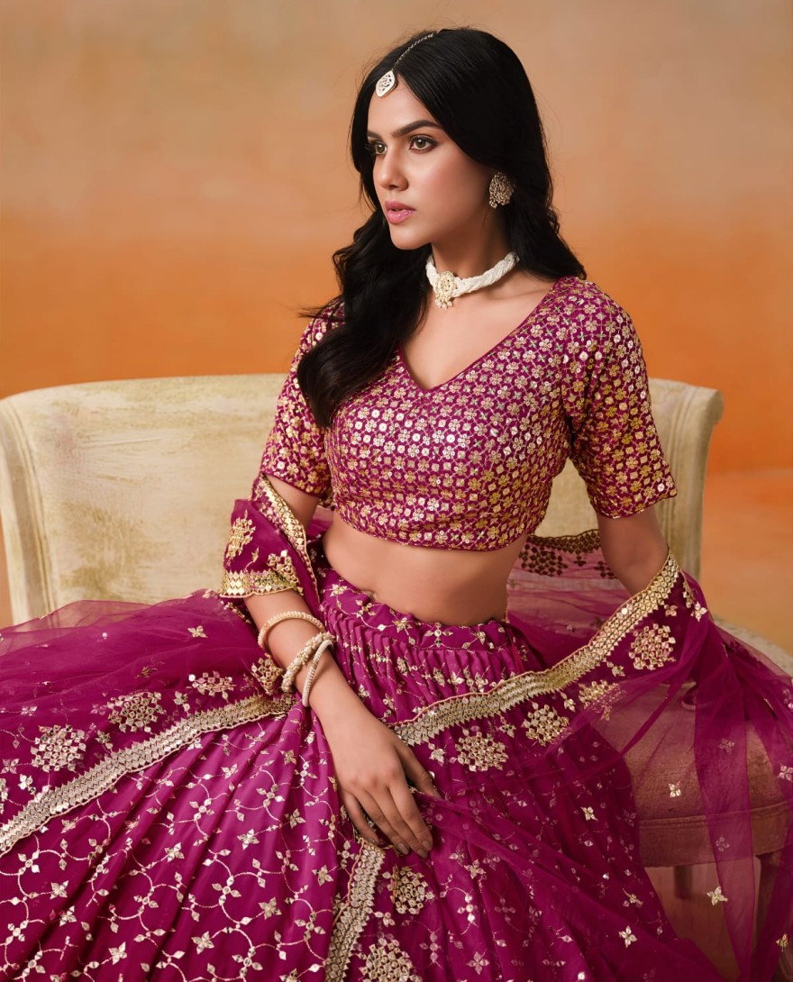 REDPINK - Red Pink Sequins Zari Embroidered Work Georgette Lehenga