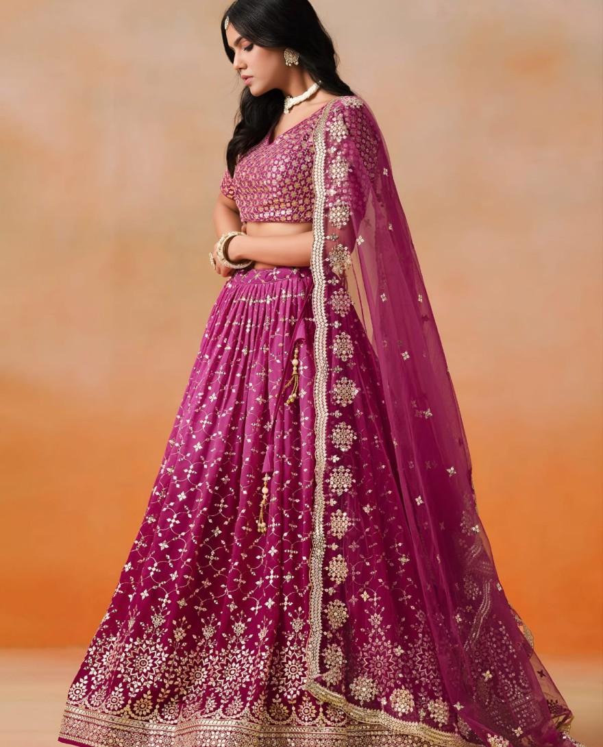 REDPINK - Red Pink Sequins Zari Embroidered Work Georgette Lehenga