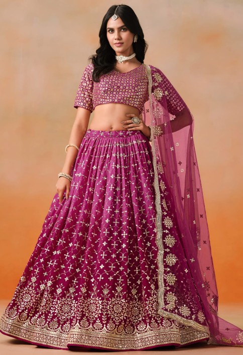Red Pink Sequins Zari Embroidered Work Georgette Lehenga