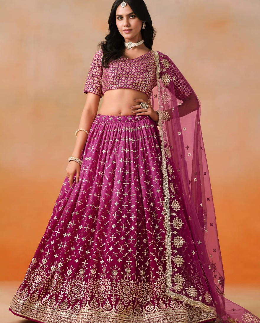 REDPINK - Red Pink Sequins Zari Embroidered Work Georgette Lehenga