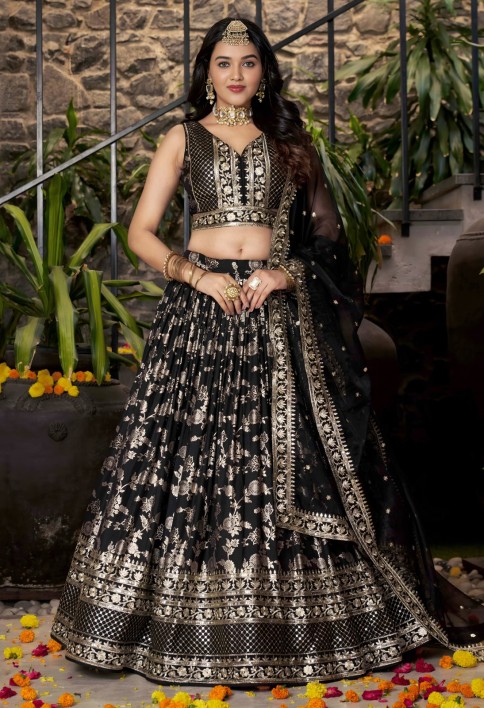 Black Jacquard A - Line Lehenga Choli with Embroidered, Jacquard, Sequins and Zari Work for Ceremonial
