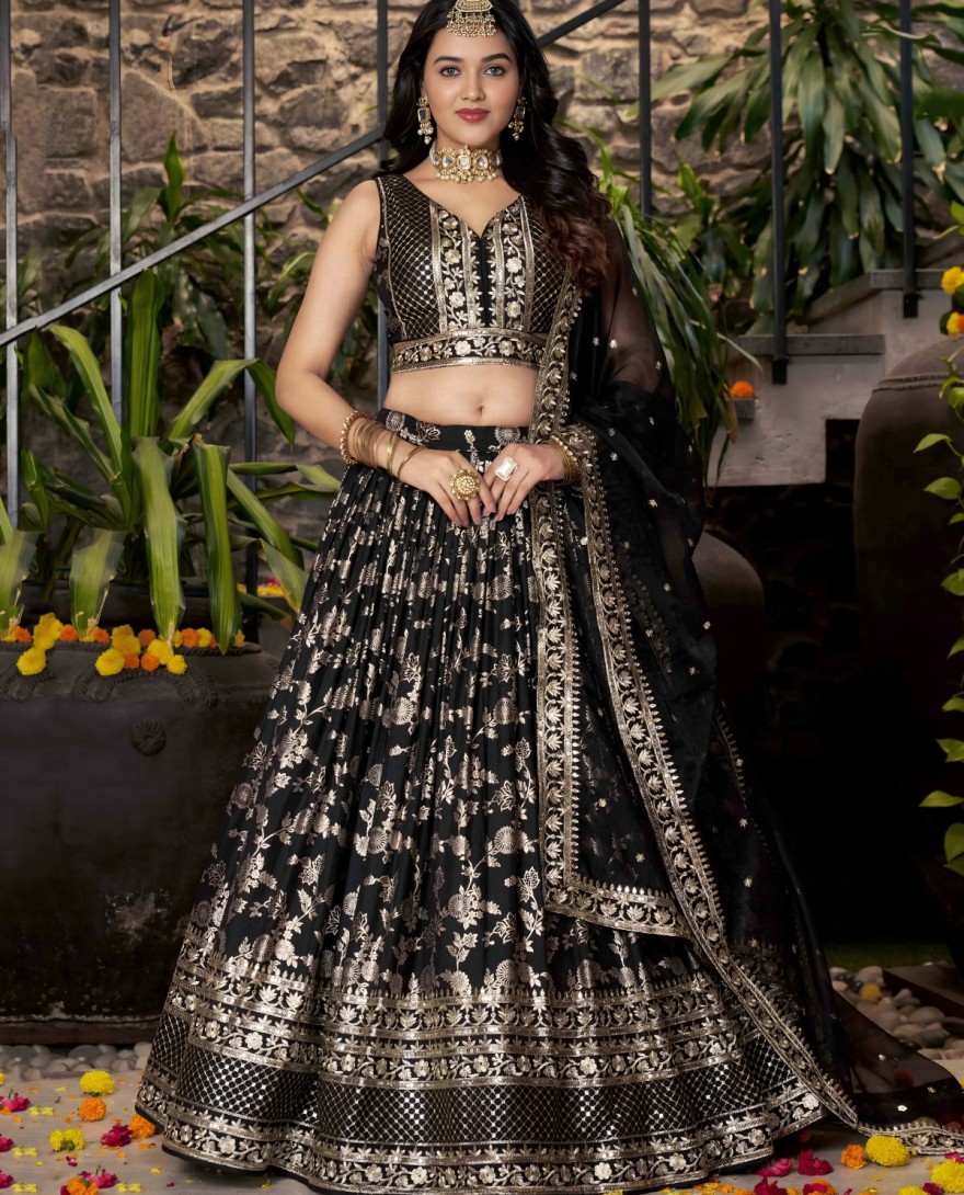BLACK - Black Jacquard A - Line Lehenga Choli with Embroidered, Jacquard, Sequins and Zari Work for Ceremonial