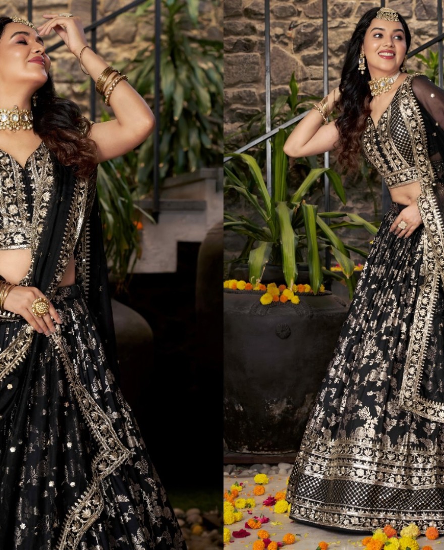 BLACK - Black Jacquard A - Line Lehenga Choli with Embroidered, Jacquard, Sequins and Zari Work for Ceremonial