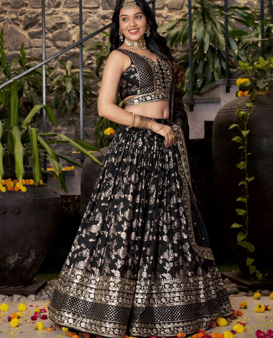 BLACK - Black Jacquard A - Line Lehenga Choli with Embroidered, Jacquard, Sequins and Zari Work for Ceremonial