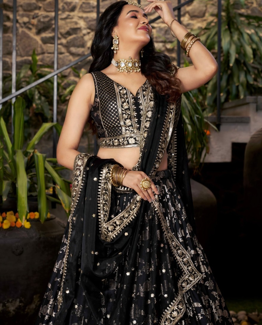 BLACK - Black Jacquard A - Line Lehenga Choli with Embroidered, Jacquard, Sequins and Zari Work for Ceremonial