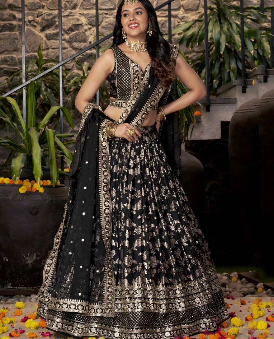 BLACK - Black Jacquard A - Line Lehenga Choli with Embroidered, Jacquard, Sequins and Zari Work for Ceremonial