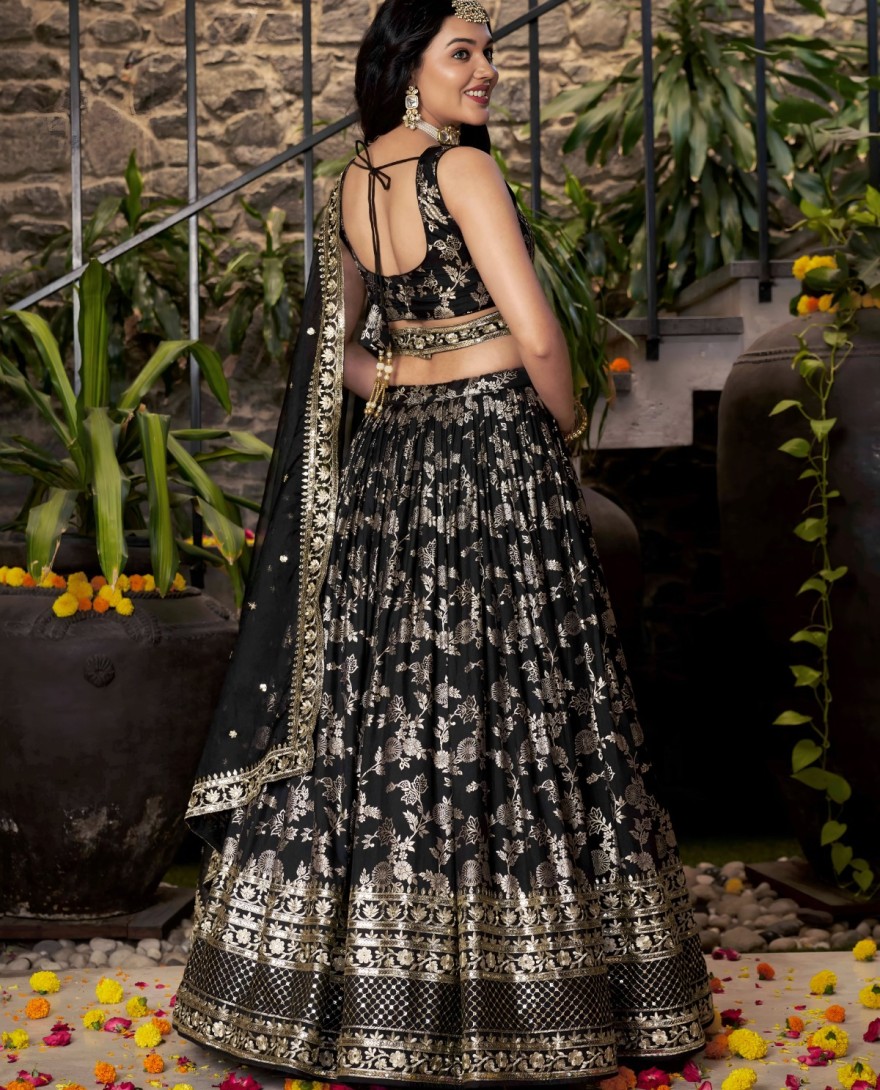 BLACK - Black Jacquard A - Line Lehenga Choli with Embroidered, Jacquard, Sequins and Zari Work for Ceremonial