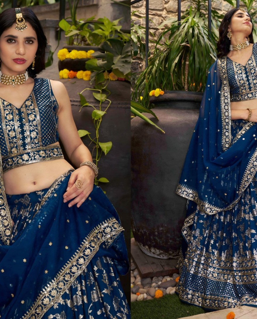 BLUE - Blue Jacquard Lehenga Choli with Embroidered, Jacquard, Sequins and Zari Work