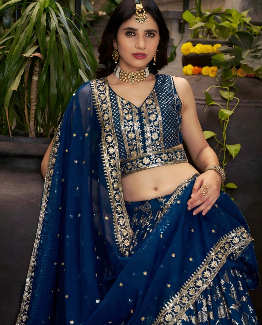 BLUE - Blue Jacquard Lehenga Choli with Embroidered, Jacquard, Sequins and Zari Work