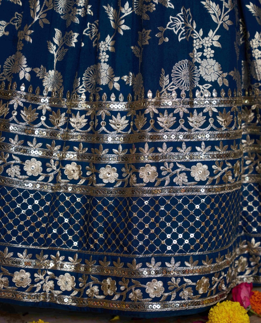 BLUE - Blue Jacquard Lehenga Choli with Embroidered, Jacquard, Sequins and Zari Work