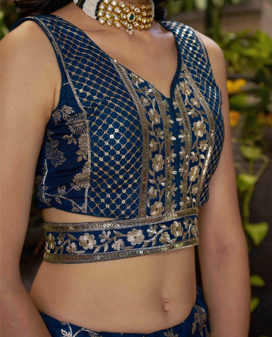 BLUE - Blue Jacquard Lehenga Choli with Embroidered, Jacquard, Sequins and Zari Work