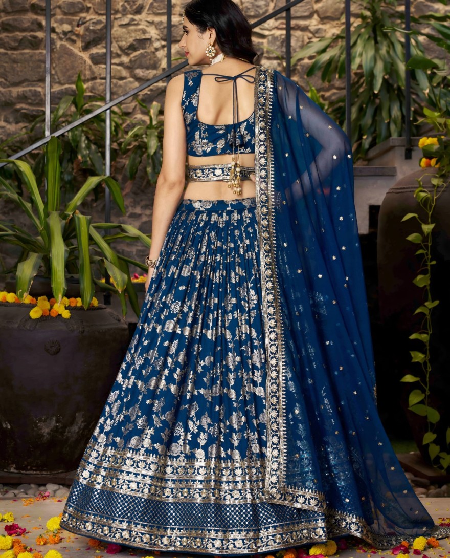 BLUE - Blue Jacquard Lehenga Choli with Embroidered, Jacquard, Sequins and Zari Work