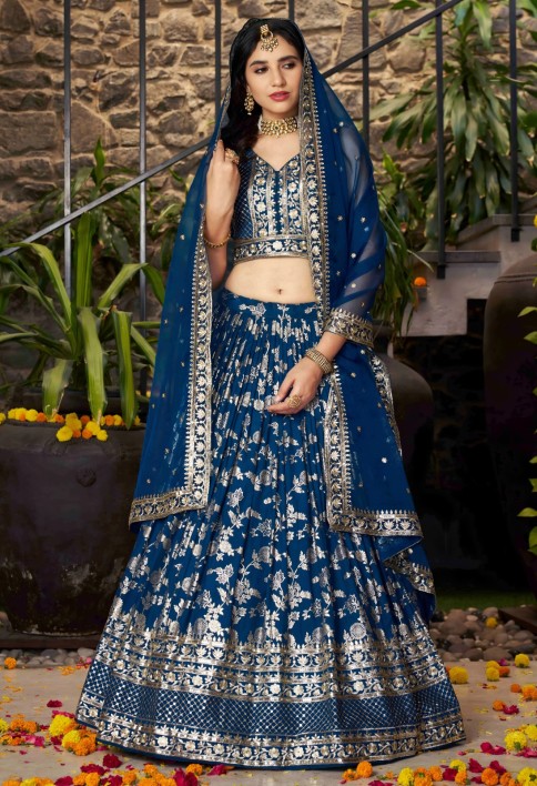 Blue Jacquard Lehenga Choli with Embroidered, Jacquard, Sequins and Zari Work